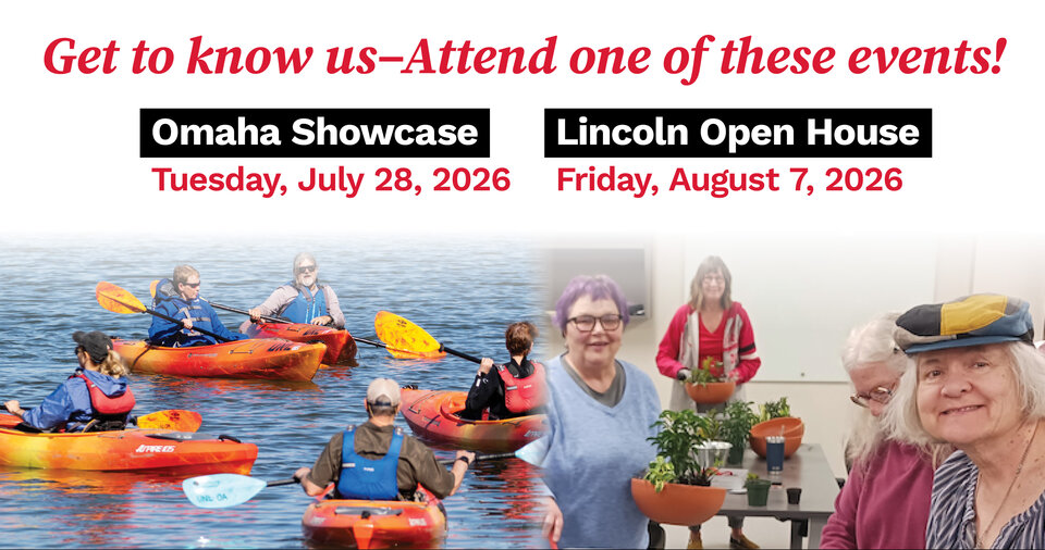 People kayaking on the left, smiling group with plants on the right, event details above.